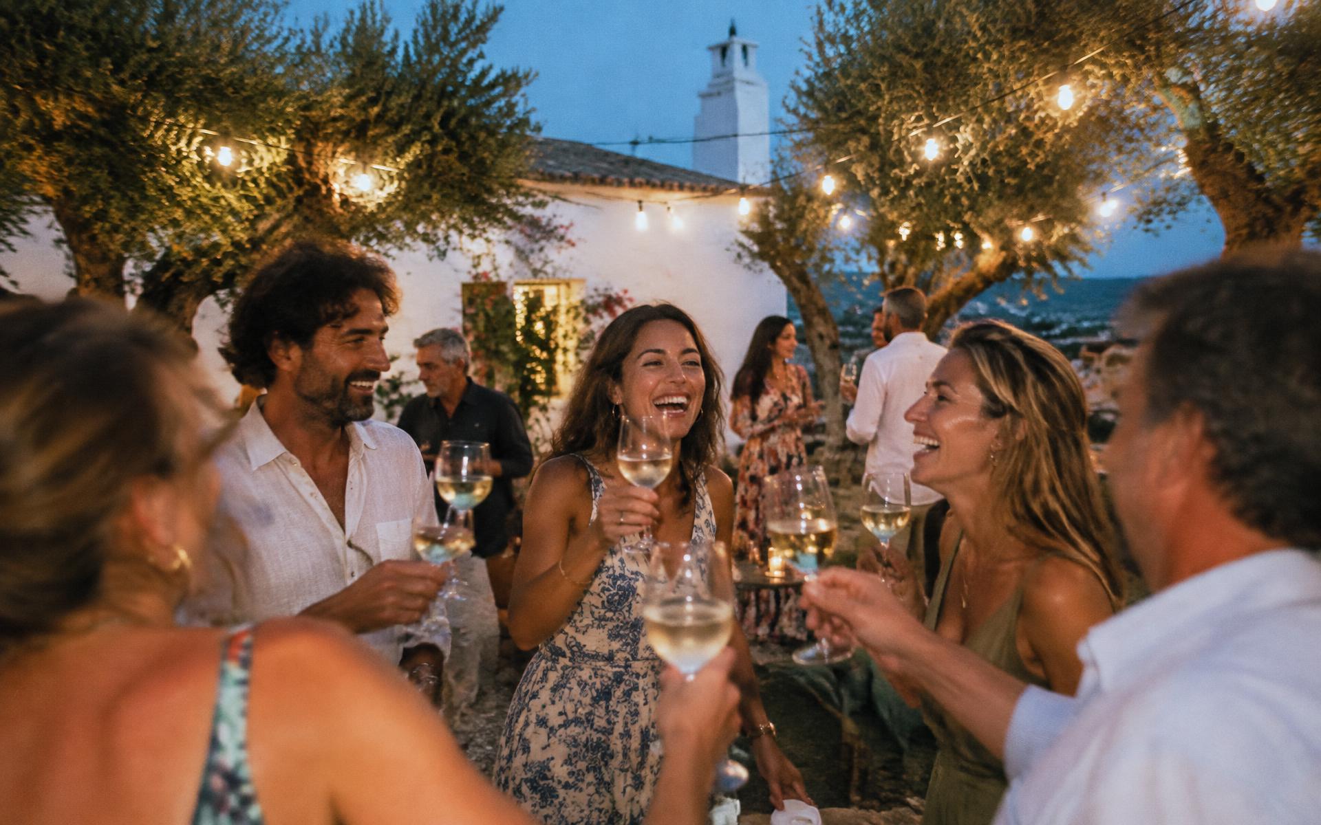 Guests raising glasses at an evening celebration under festoon lights