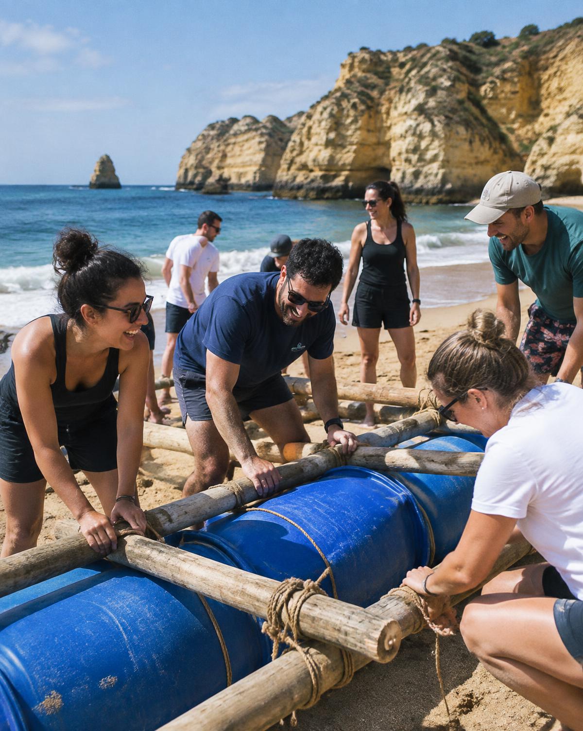 A company team pulling together during a coastal team building challenge